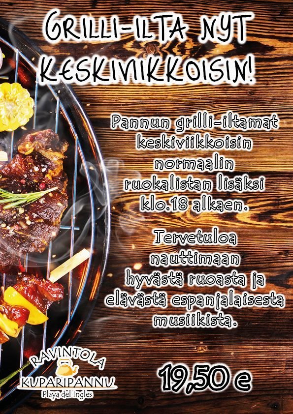 Suomipaikat - Kuparipannun keskiviikon grilli-iltamat tänään klo.18.00 alkaen! Suomipaikat - Kuparipannun keskiviikon grilli-iltamat tänään klo.18.00 alkaen!
