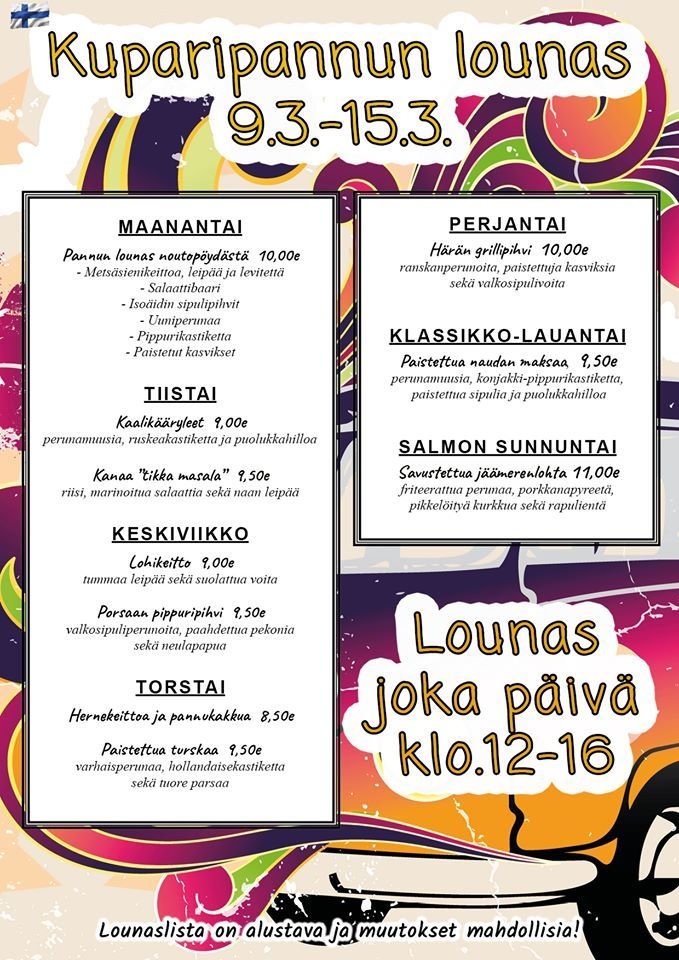 Suomipaikat - Kuparipannun lounaslista Suomipaikat - Kuparipannun lounaslista