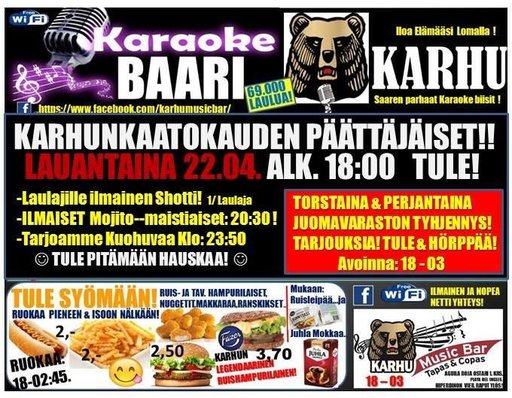 KARHU MUSIC BAR -suomalaisten kohtauspaikka Inglesissä KARHU MUSIC BAR -suomalaisten kohtauspaikka Inglesissä