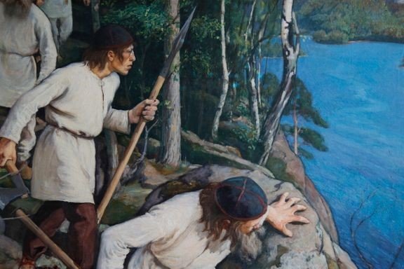 Muinaisia suomalaisia sotureita. Yksityiskohta Laukon kartanon päärakennuksella nähtävästä Pekka Halosen "Vainolaista vastaan" -maalauksesta (1896). Kuva: Kemira Oy / Liisa Lagerstam. Muinaisia suomalaisia sotureita. Yksityiskohta Laukon kartanon päärakennuksella nähtävästä Pekka Halosen "Vainolaista vastaan" -maalauksesta (1896). Kuva: Kemira Oy / Liisa Lagerstam.