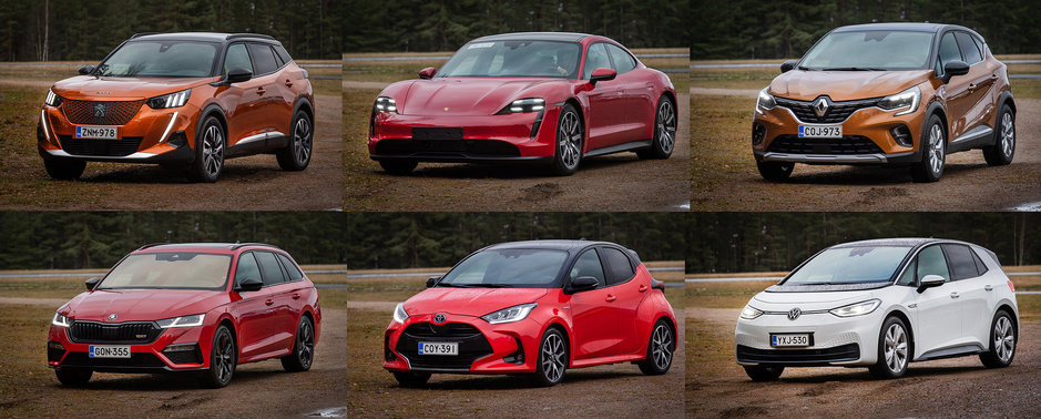 Vuoden Auto ehdokkaat vasemmalta alkaen aakkosjärjestyksessä:
Peugeot 2008, Porsche Taycan, Renault Captur, Škoda Octavia, Toyota Yaris ja Volkswagen ID.3. Kuva: Marko Mäkinen Vuoden Auto ehdokkaat vasemmalta alkaen aakkosjärjestyksessä:
Peugeot 2008, Porsche Taycan, Renault Captur, Škoda Octavia, Toyota Yaris ja Volkswagen ID.3. Kuva: Marko Mäkinen